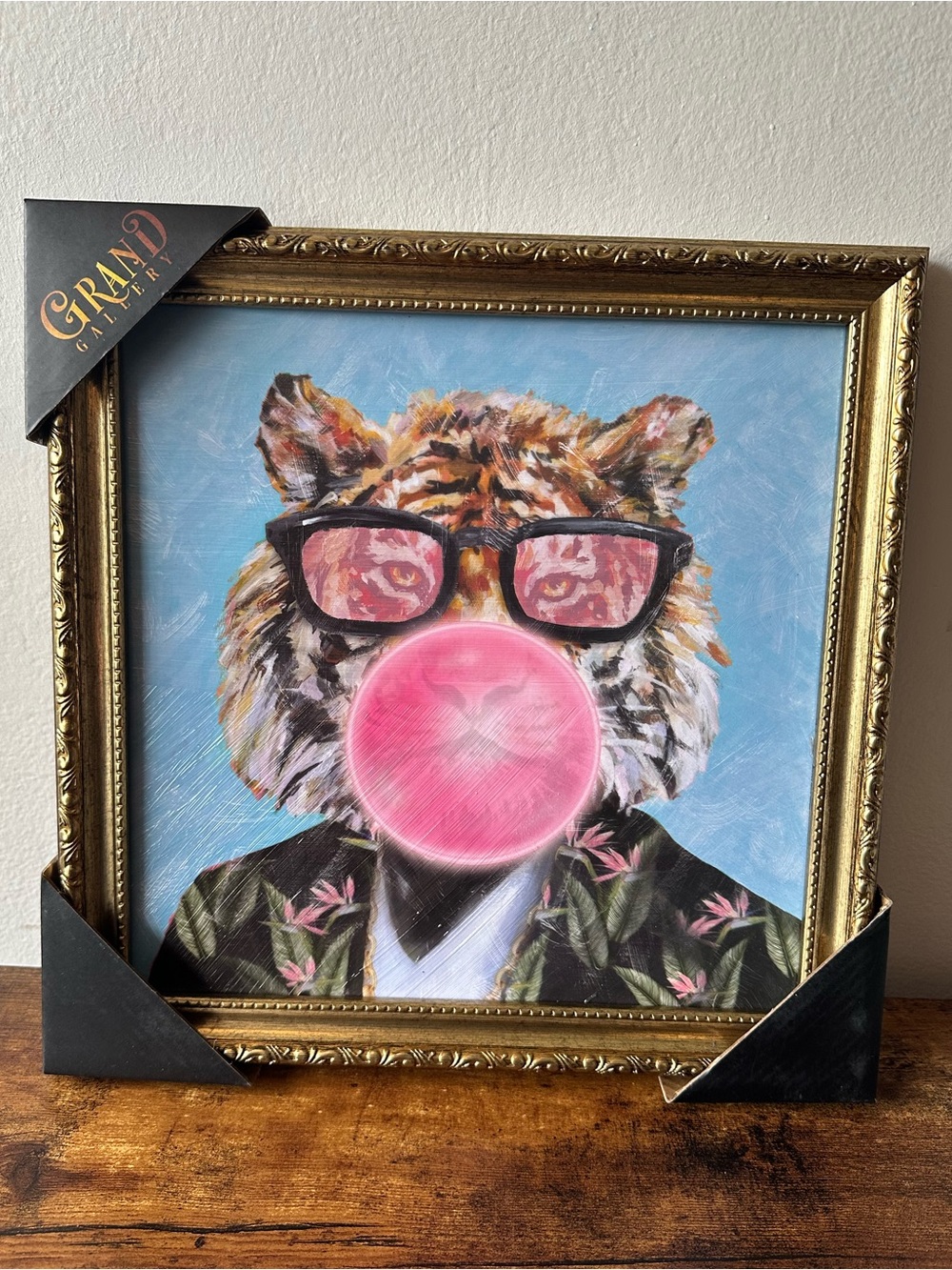 Framed Tiger Portrait with Pink Bubble Gum and Blue Background 13x13 Inches NWT